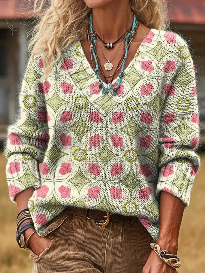 Women's Vintage Geometric Floral Art Prints Casual V-neck Knit Sweater