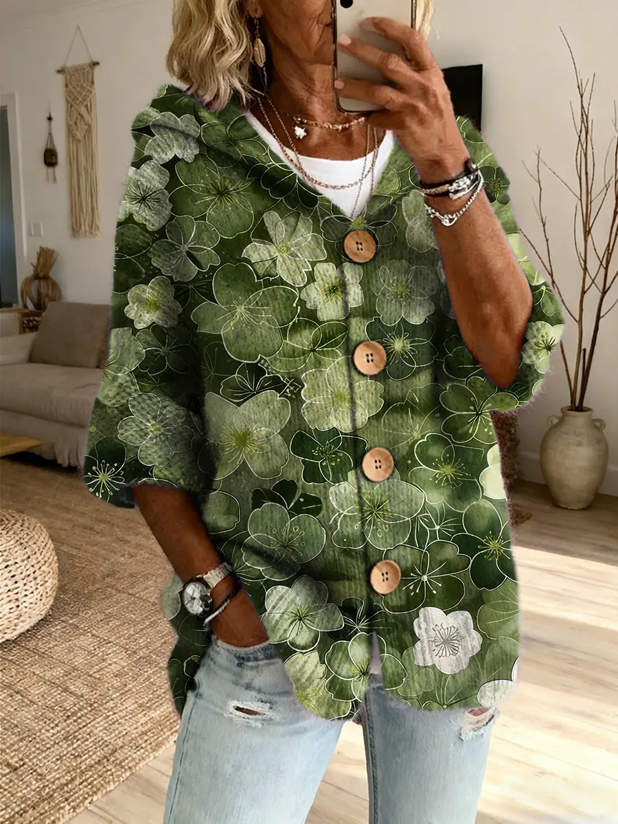 Ethnicity Colorful Flowers Women's Art Print Casual Hooded Cardigan Sweater