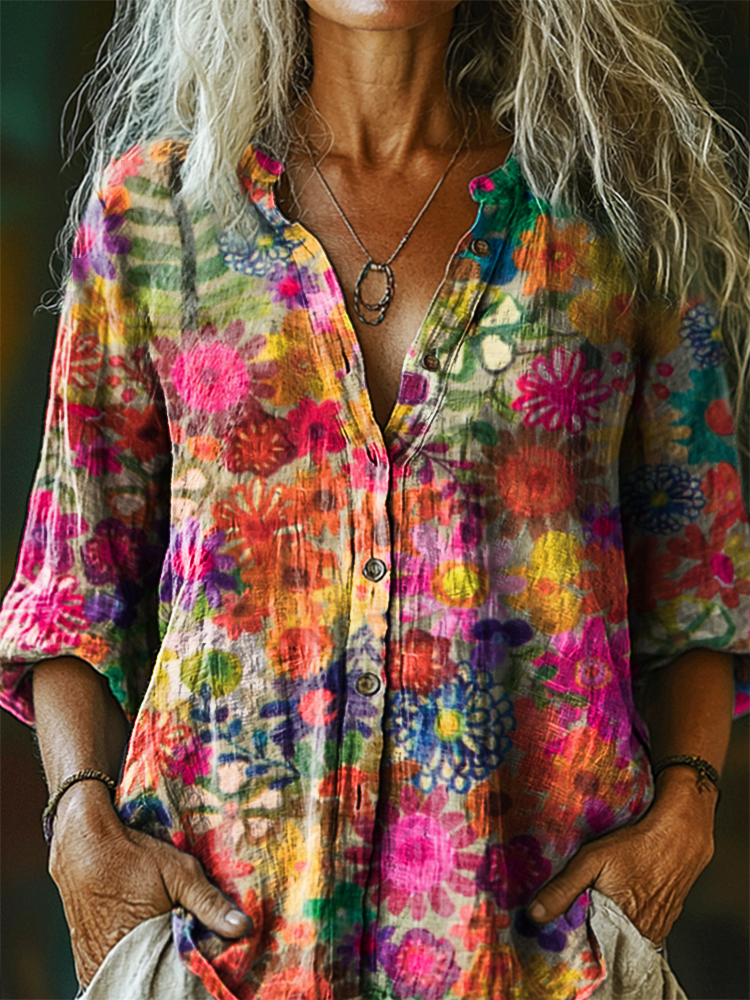Women's Painting Floral Art Print Casual Cotton Linen Shirt