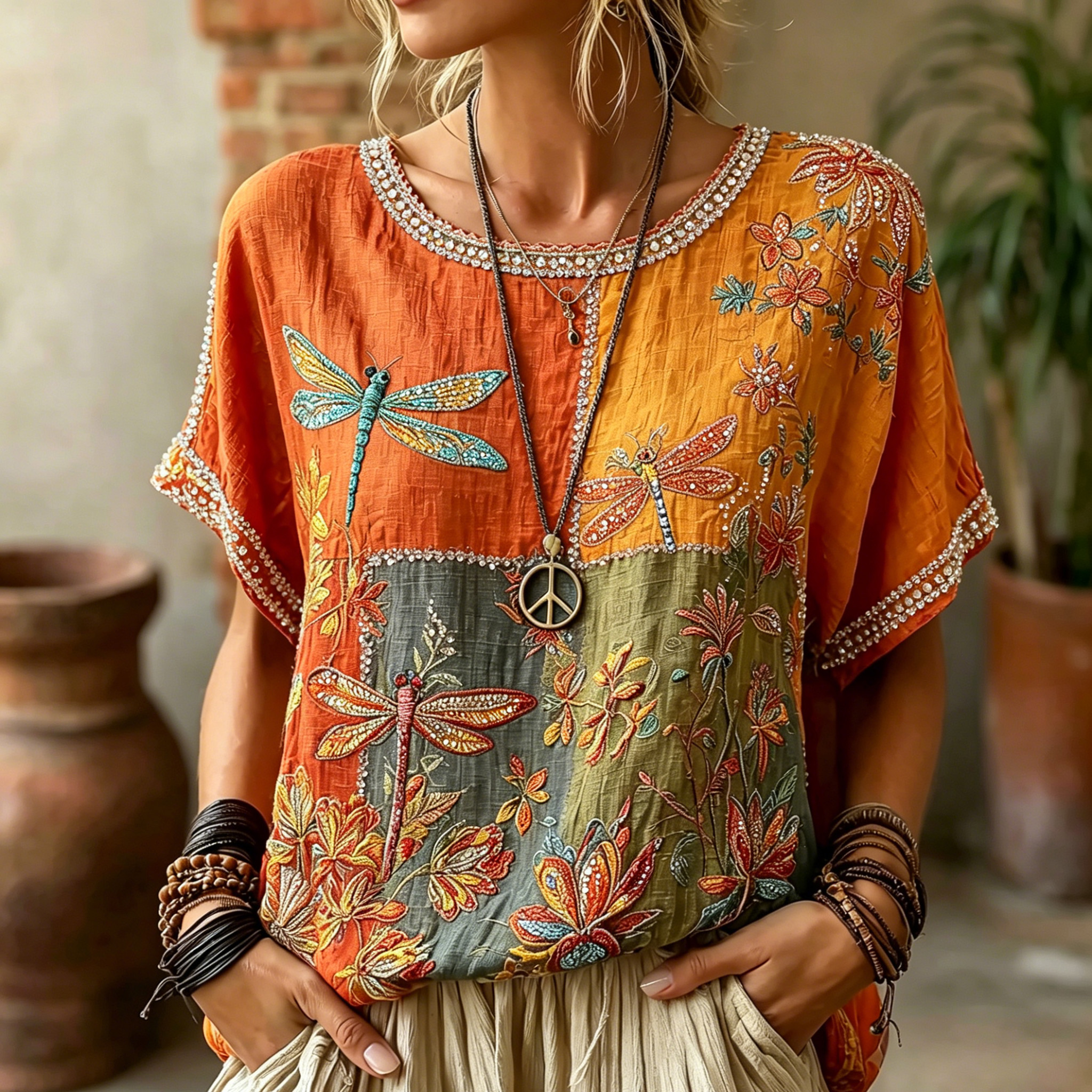 Women's Vintage Hippie Floral And Dragonfly In Patchwork Pattern Art Embroidered Linen Blend Shirts