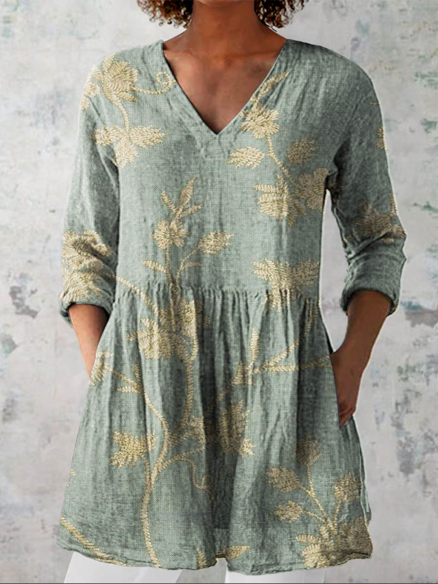 Women's Vintage Lovely Floral Art Print Casual Cotton Linen V-neck Shirt