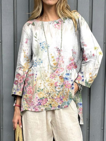 Women's Vintage Floral Art Print Casual Cotton Linen Shirt