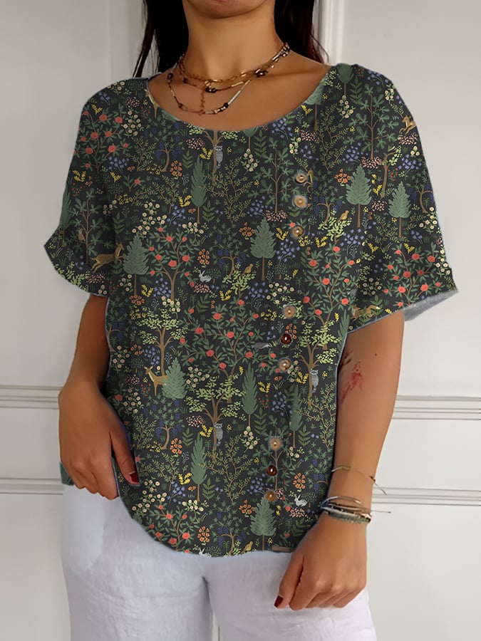 Women's Casual Forest Animal Plant Flower Cotton And Linen Shirt