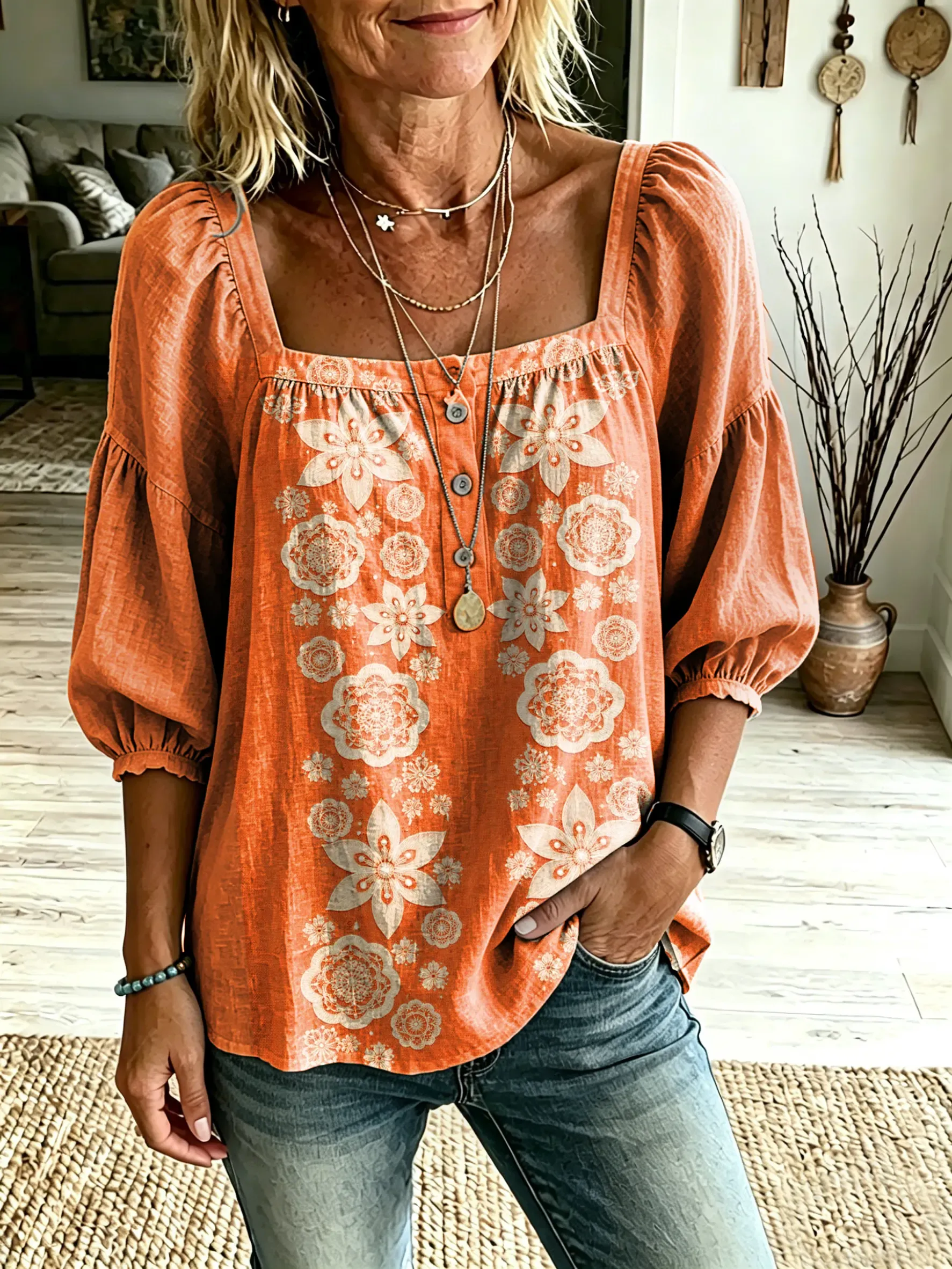 Women's Retro Bohemian Floral Pattern Art Print Casual Square-Neck Top