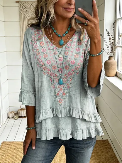Women's Vintage Ethnic Floral Art Print Casual Lace-Spliced ​​T-Shirt