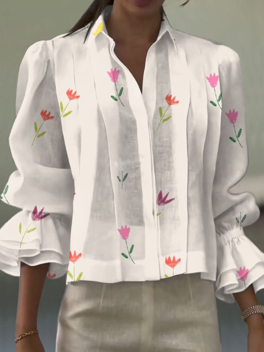 Women's  Flower Vintage Art Print Casual  Cotton And Linen Shirt