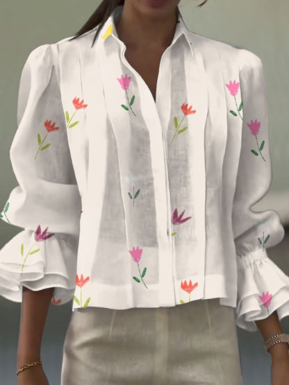 Women's  Flower Vintage Art Print Casual  Cotton And Linen Shirt
