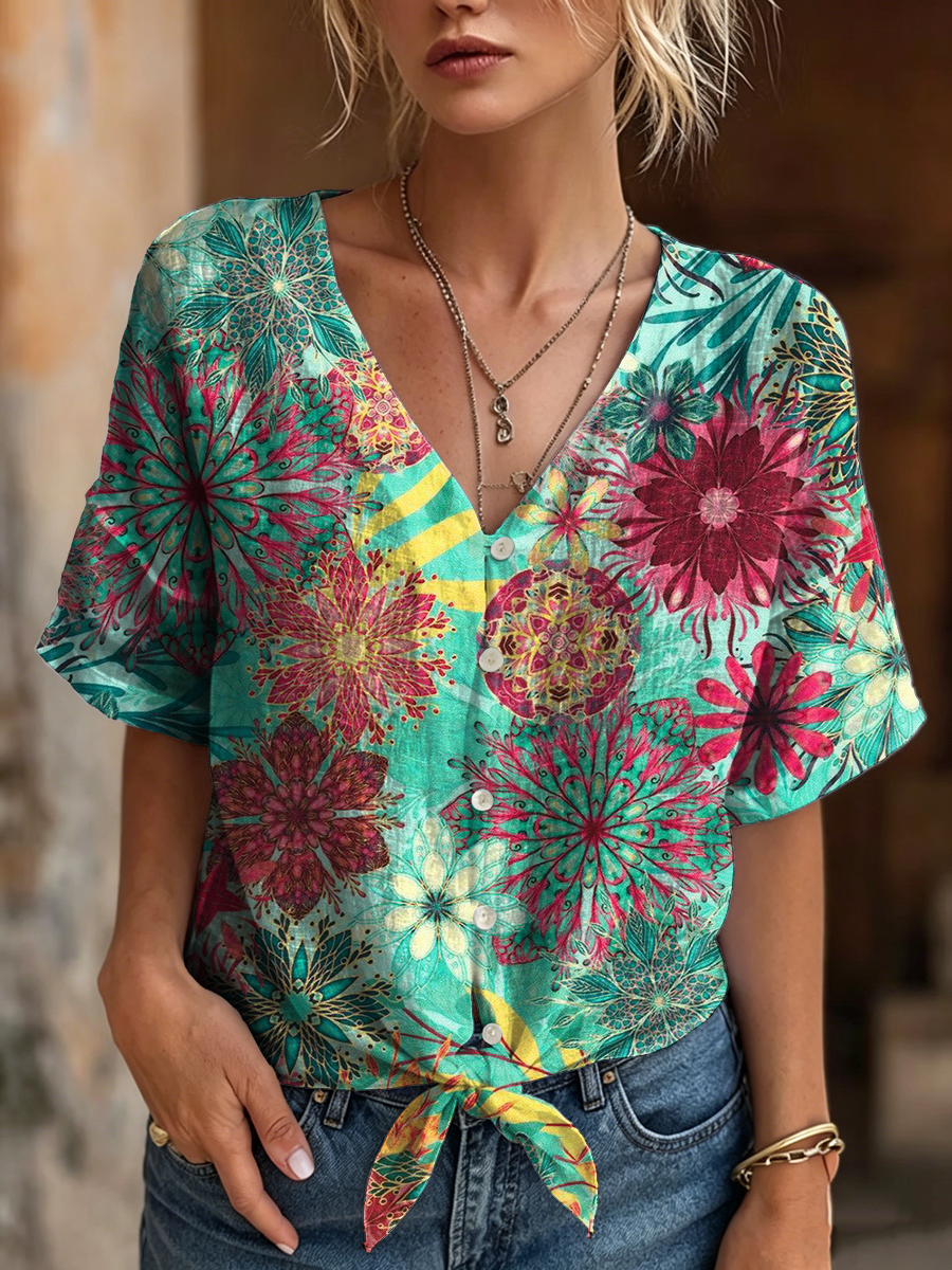 Women's Retro Ethnic Floral Art Print Casual Short-sleeve V-neck Cotton Linen Cardigan Shirt