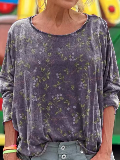 Women's Vintage Floral Art Print Casual Long Sleeve Comfortable Cotton Shirt