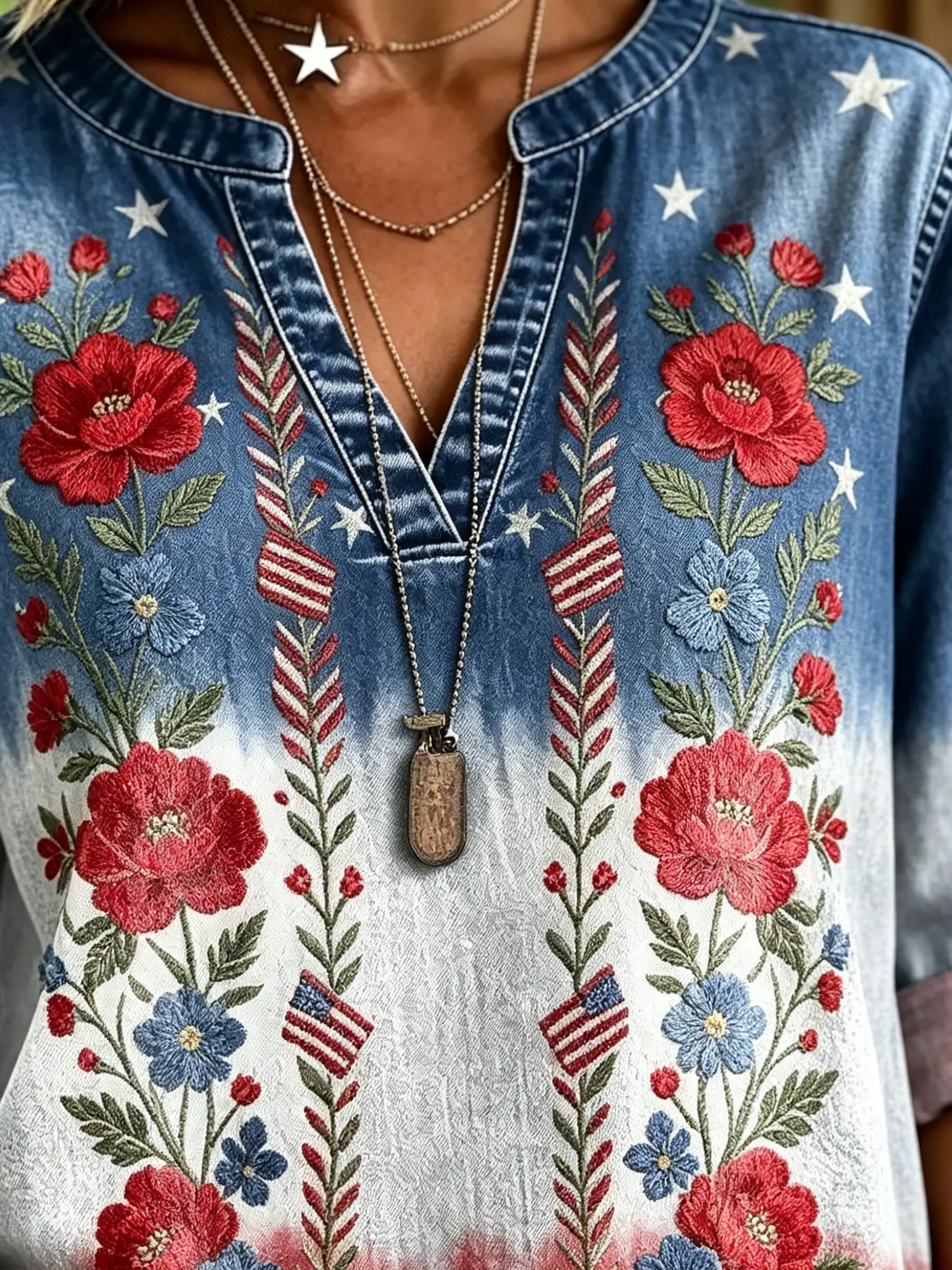 Independence Day Flag Flowers Women's Art Print Casual V-neck Washed Cotton Denim Top