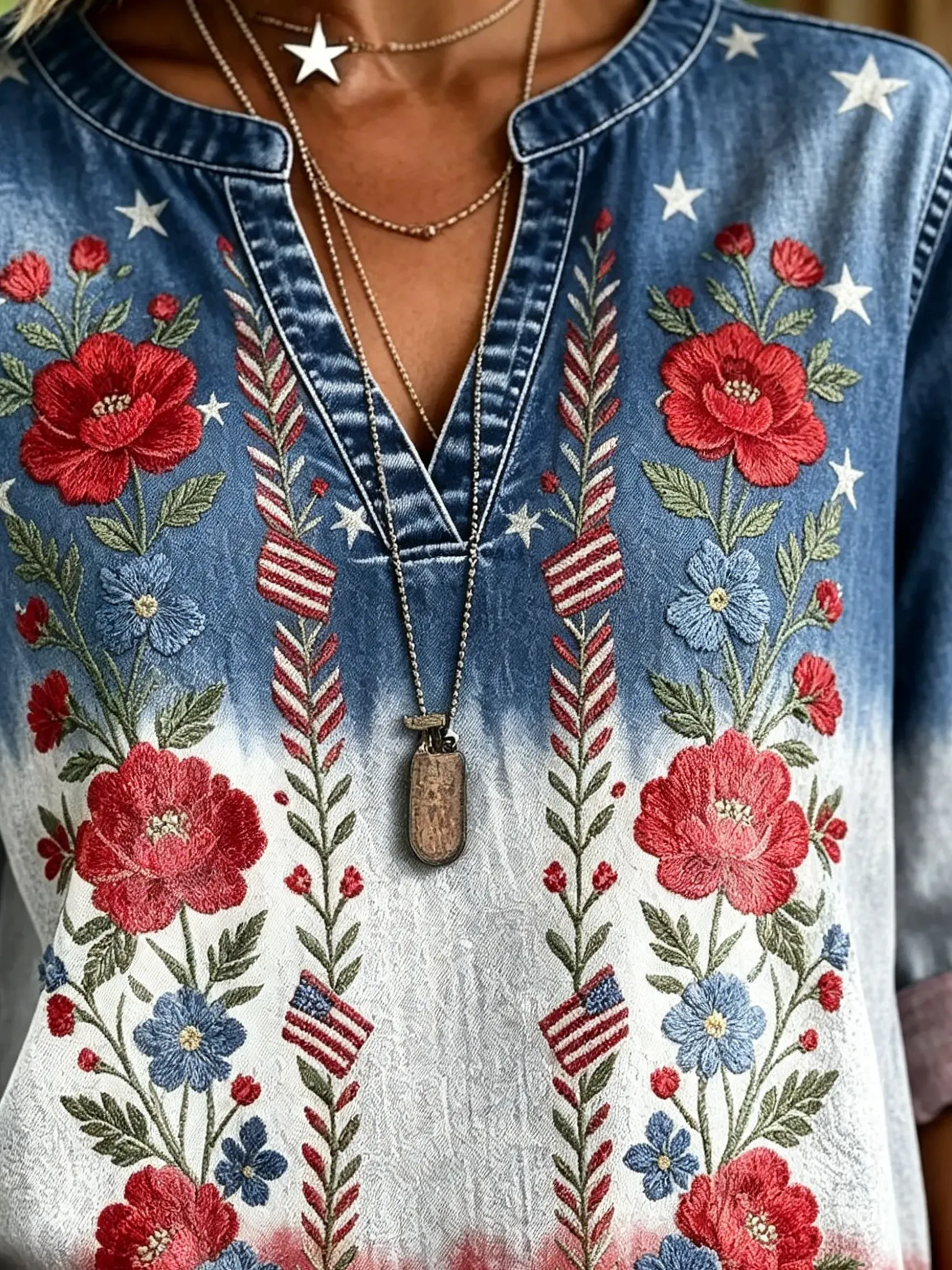 Independence Day Flag Flowers Women's Art Print Casual V-neck Washed Cotton Denim Top