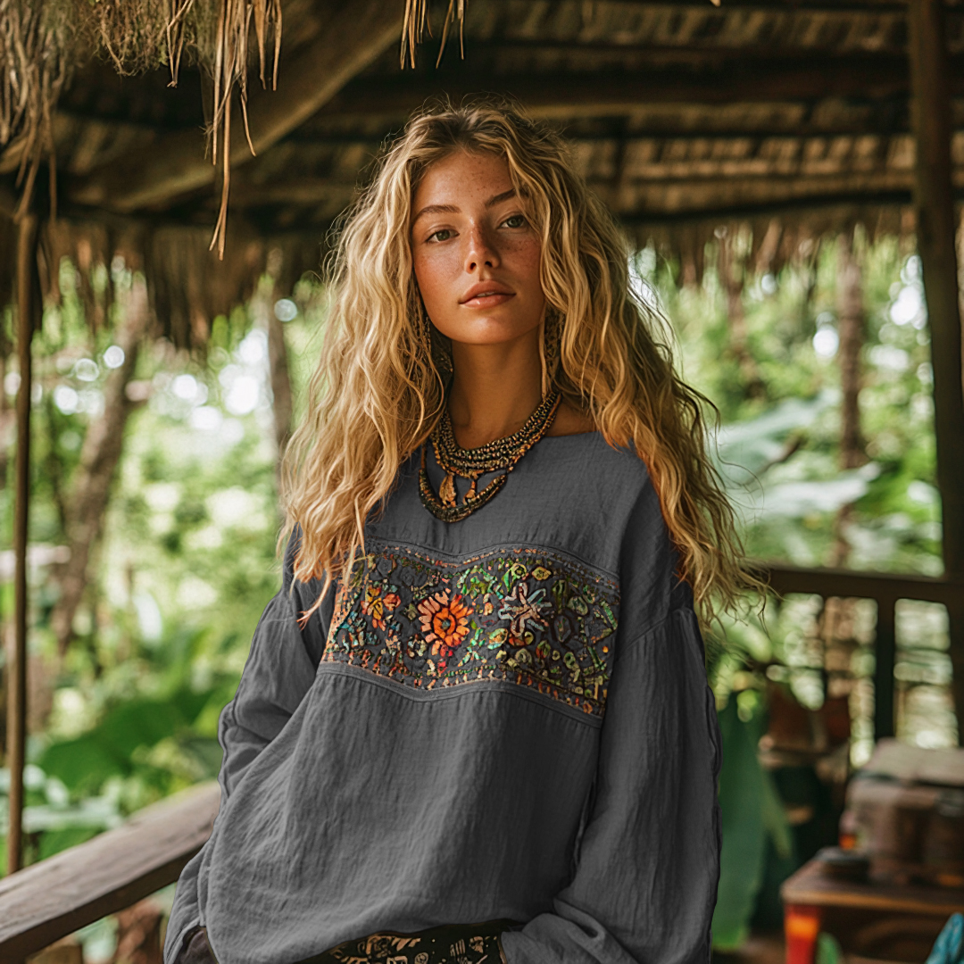 Retro Bohemian Art Print Cotton And Linen Blend Loose Blouse