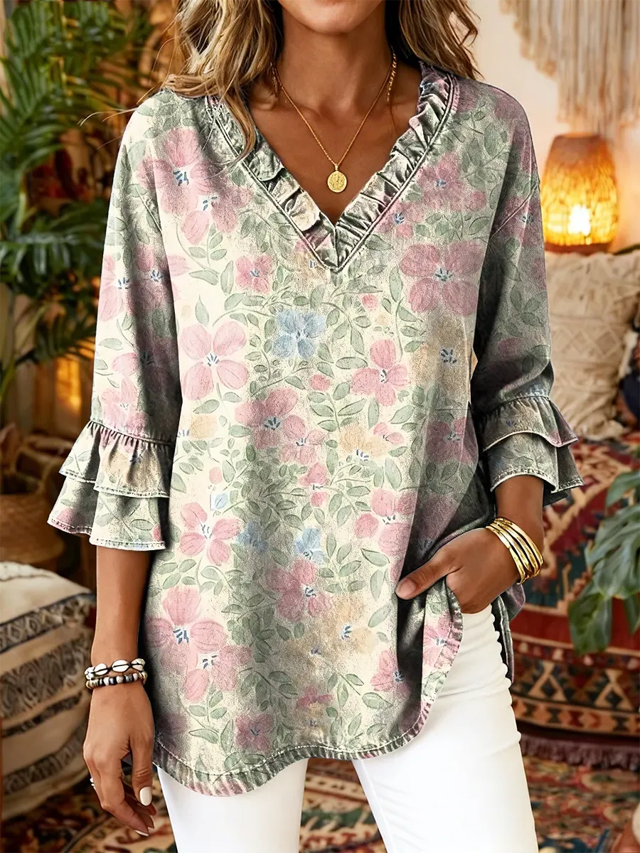 Ethnicity Pink Flowers Women's Art Print Casual V-neck Ruffled Washed Cotton Denim Top