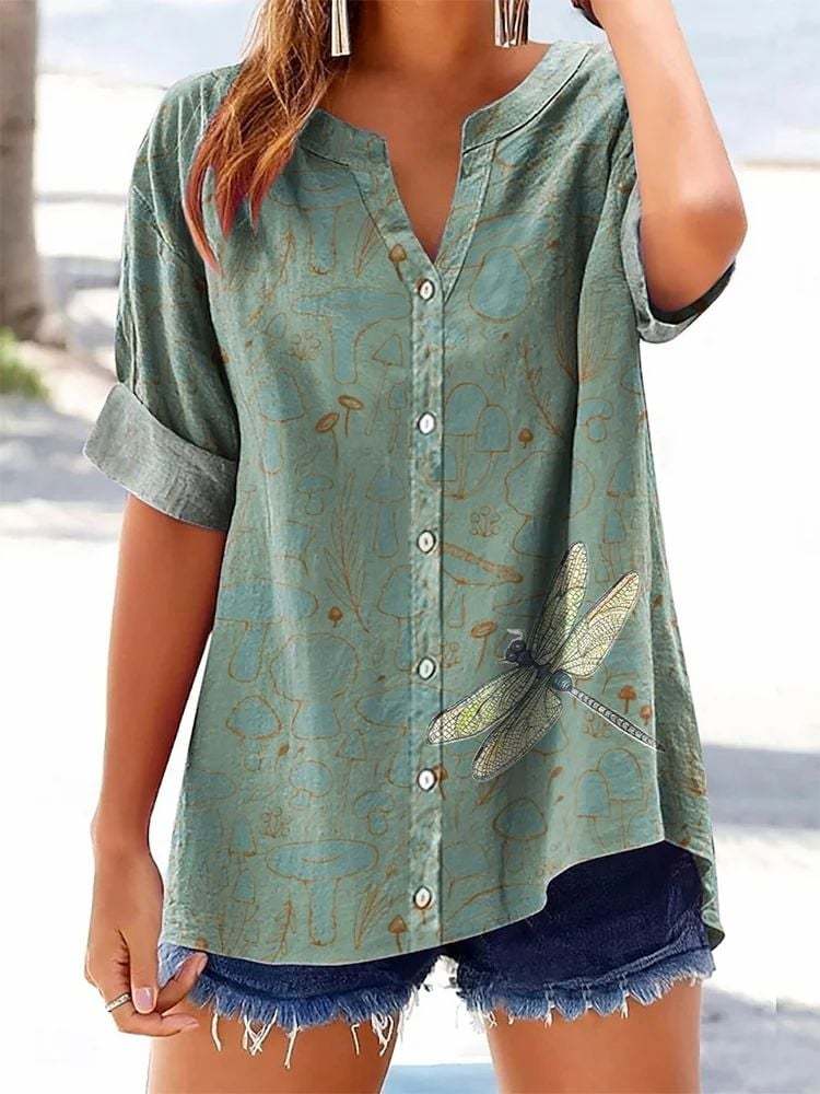 Women's Retro Casual Mushroom Dragonfly Cotton and Linen Shirt