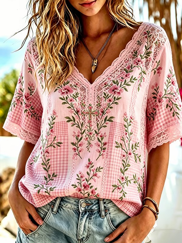 Women's Cotton-Linen Printed T-Shirt — Botanical Floral Artistic & Spiritual Theme