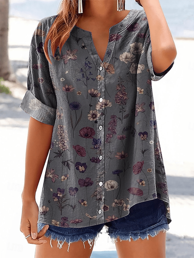 Women's Retro Botanical Floral Button Design V-Neck Three-Quarter Sleeve Shirt