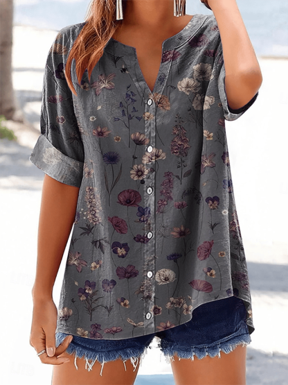 Women's Retro Botanical Floral Button Design V-Neck Three-Quarter Sleeve Shirt