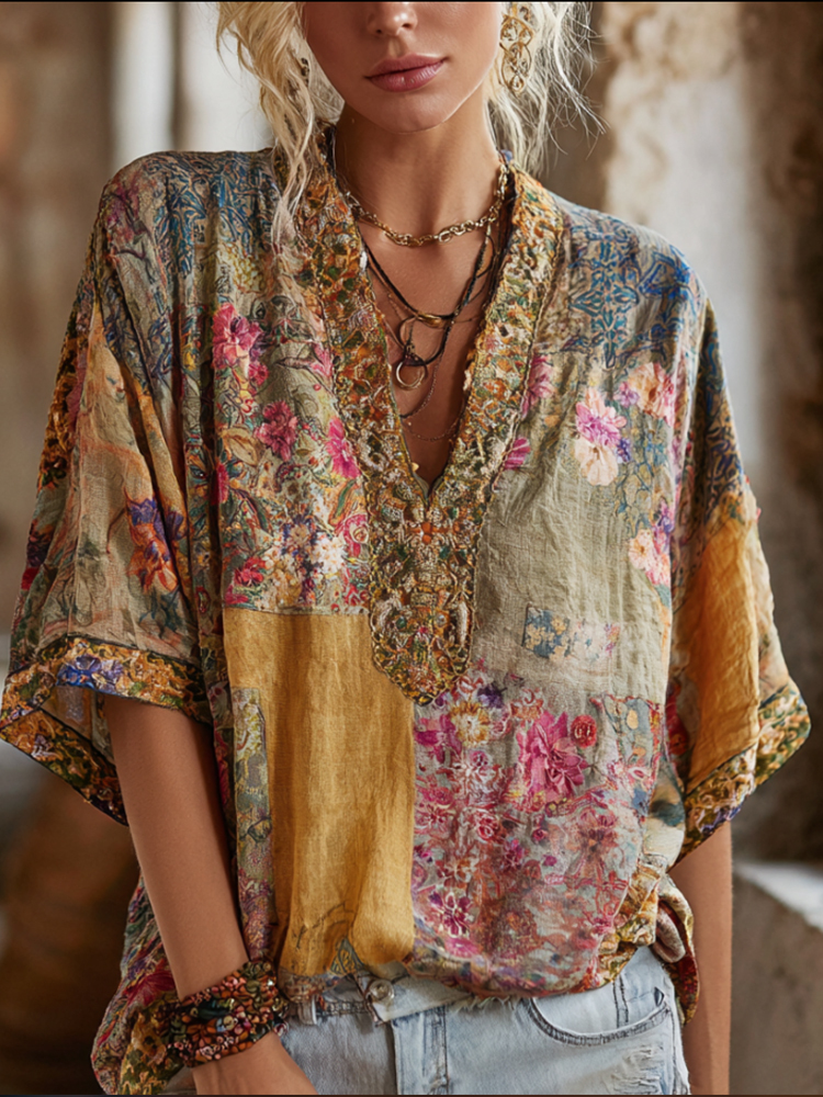 Three-dimensional Embroidery Rare Item Flower Vintage Tie-dye V-neck Short-sleeved Shirt