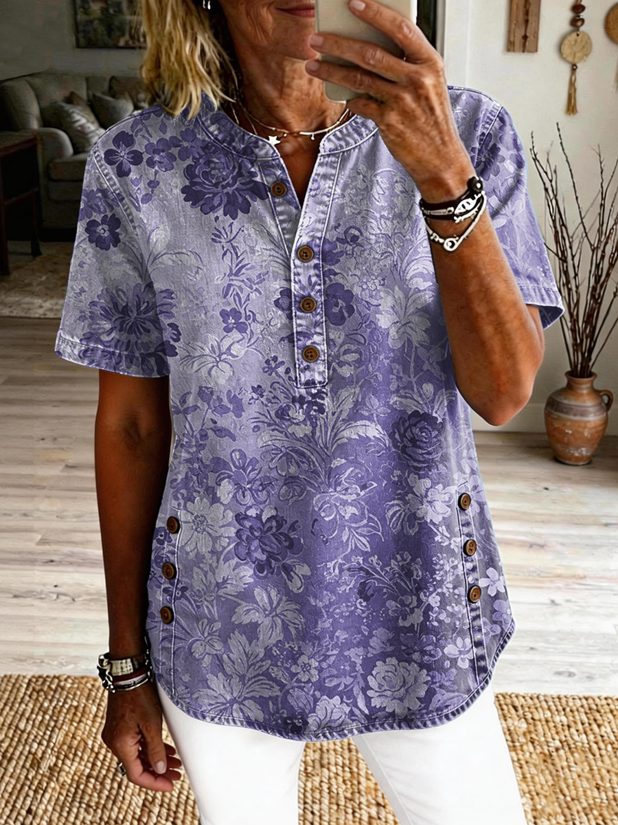 Women's Retro Floral Art Print Casual Short-sleeve Washed Cotton Denim Shirt