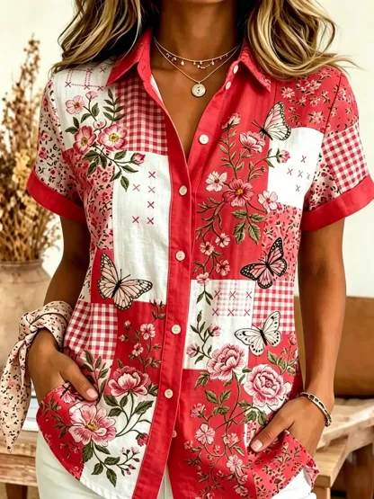 Women's Butterfly Floral Patchwork Print Cotton Shirt