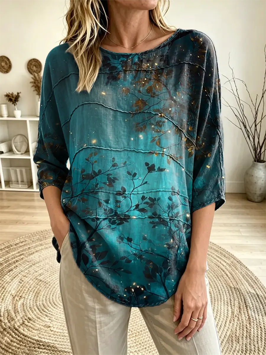Women's Tree Branch Nature Print Round Neck 3/4 Sleeve Loose Blouse