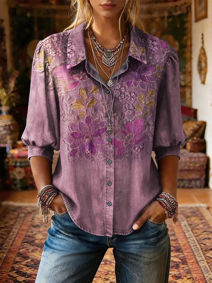 Women's Retro Pink Textured Floral Art Print Casual Washed Cotton Collared Short-Sleeve Top