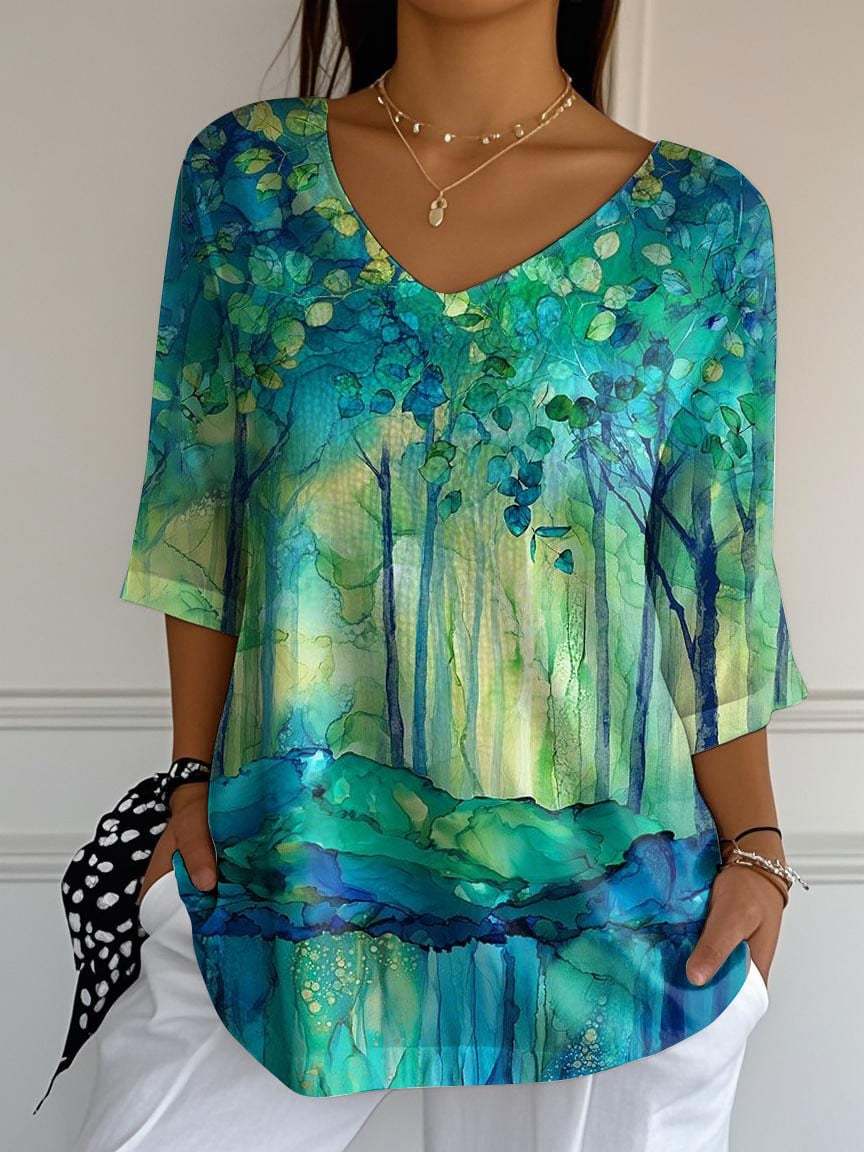 Women's National Park Forest Print Casual V Neck T-Shirt