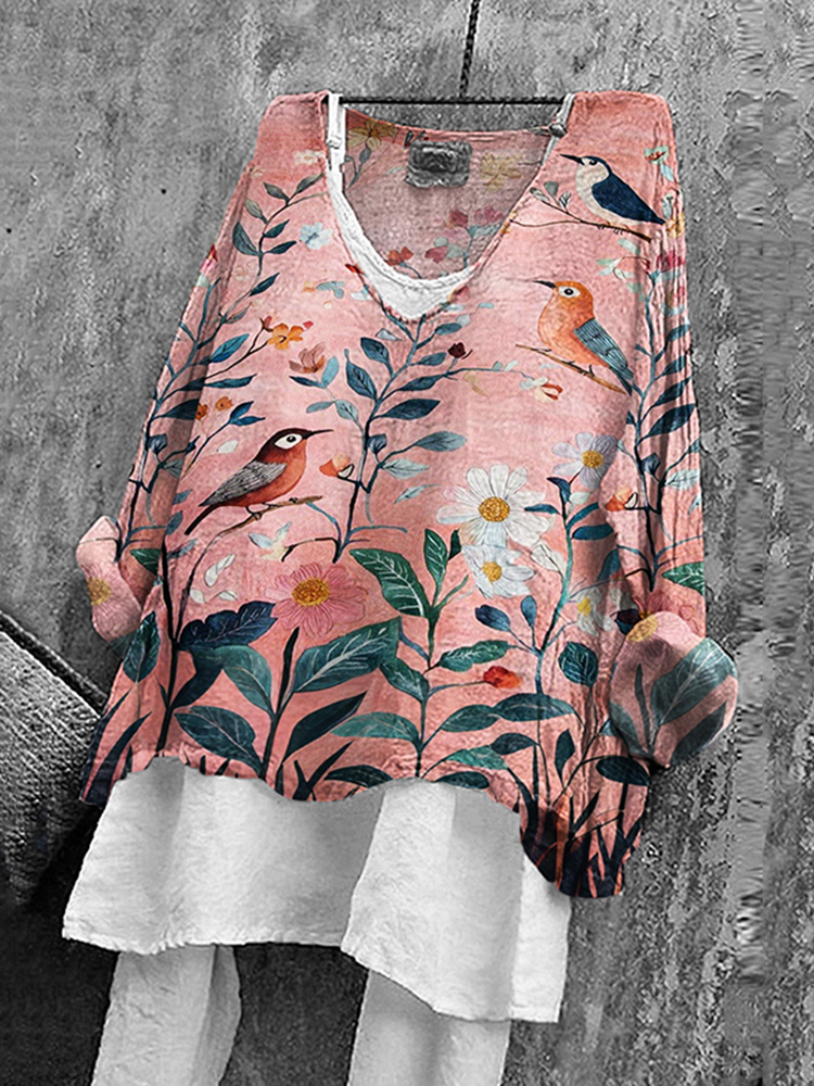 Women's Japanese Flower And Bird Art Print V-neck Shirt