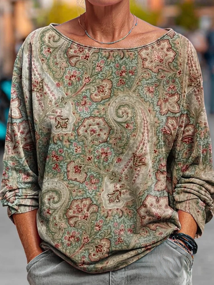 Women's Retro Paisley Floral Art Print Casual Long Sleeve T-shirt