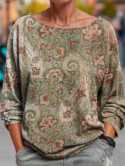 Women's Retro Paisley Floral Art Print Casual Long Sleeve T-shirt