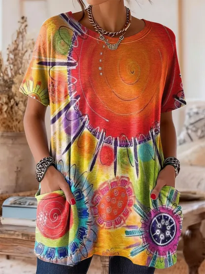 Women's Retro Colorful Sun Art Print Casual Short-Sleeve Crew Neck Pocket Cotton T-Shirt
