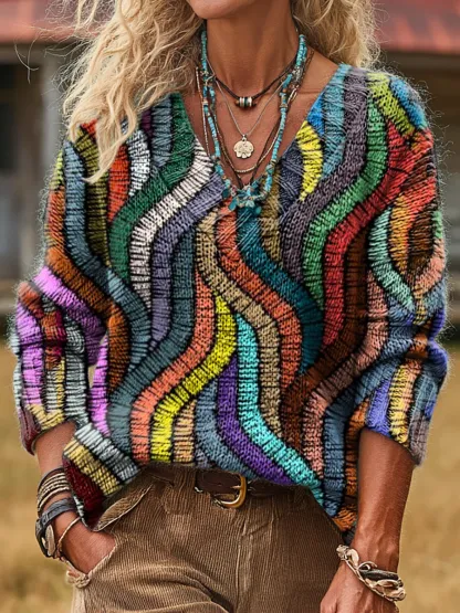 Unisex Retro Colorful Art Print Casual Long-Sleeve V-Neck Wool Blend Knit Sweater