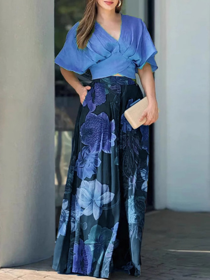 Women's Solid Color V-Neck Short Sleeve Casual Loose Tops High Waist Retro Print Casual Wide Leg Pants Set