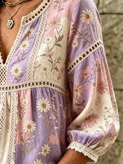 Women's Daisy Floral Print Lace Cotton Blouse