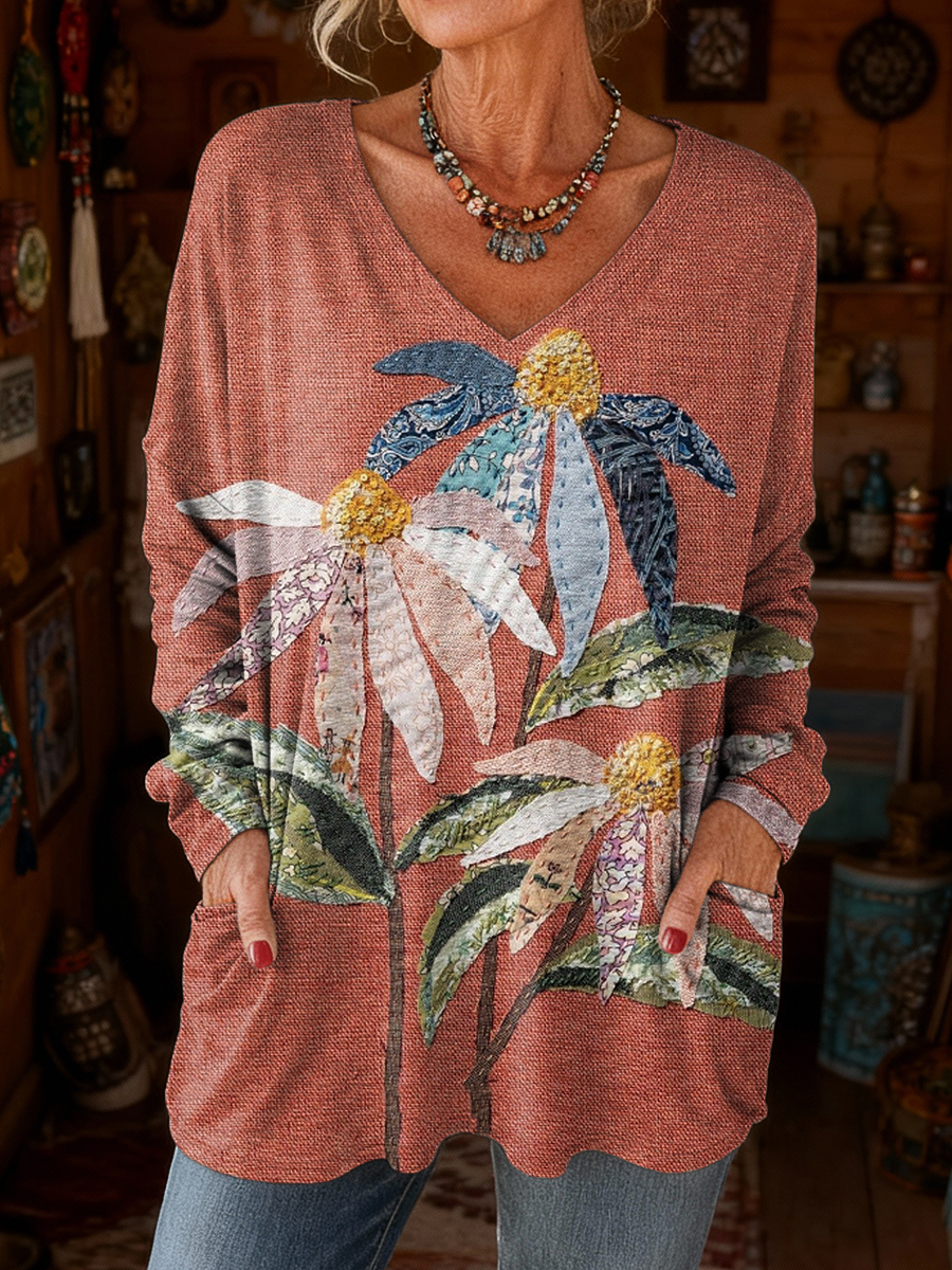 Women's Retro Floral Art Print Casual Long-Sleeve V-Neck T-Shirt