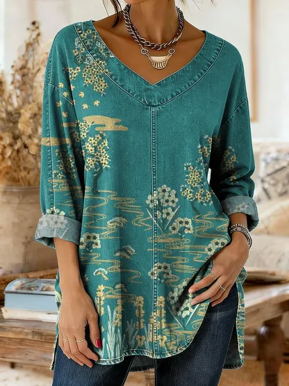 Women's Ethnic Blue Floral Art Print Casual V-neck Long Sleeve Washed Denim Shirt