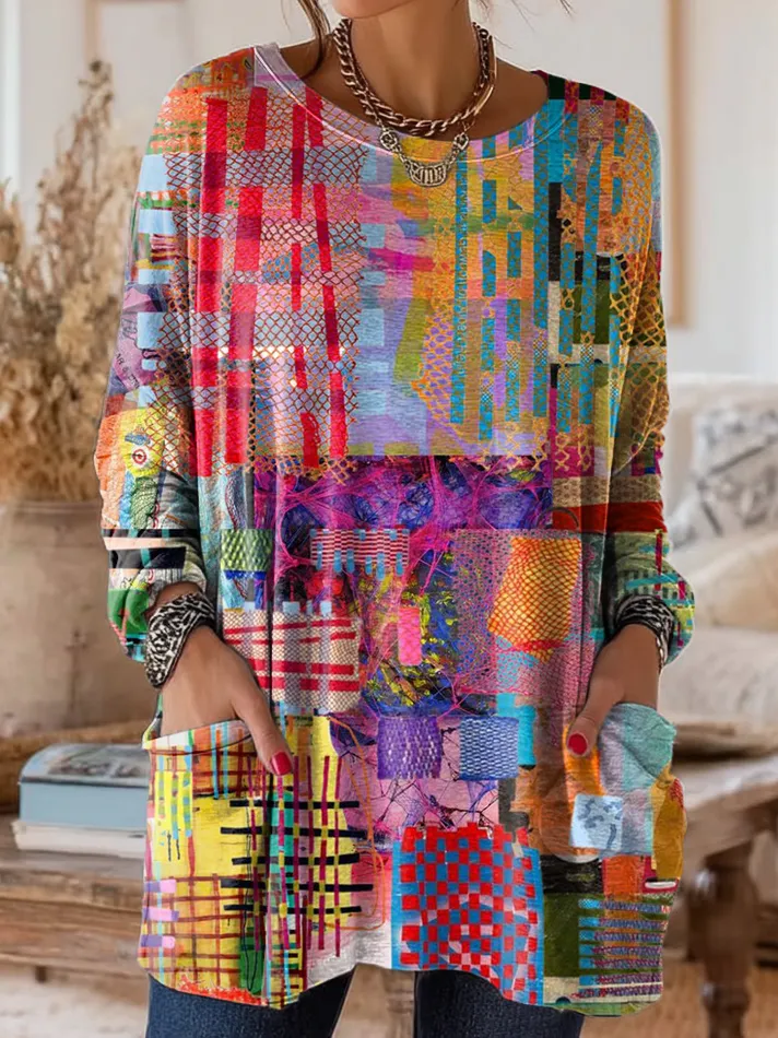 Women's Retro Colorful Art Print Casual Long Sleeve Crew Neck Pocket C