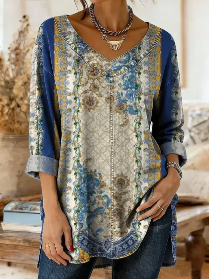 Women's Vintage Ethnic Floral Pattern Art Print Washed Denim Cotton Top