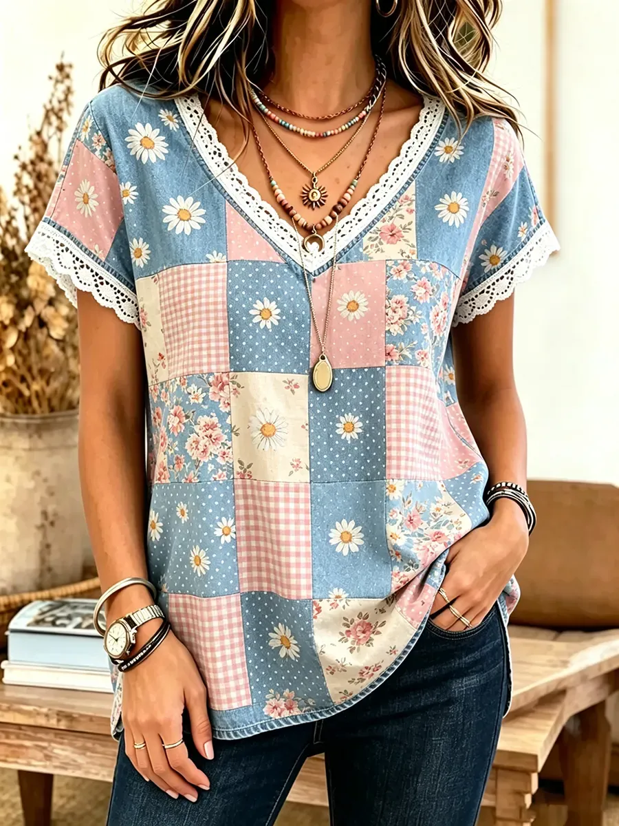 Women's Patchwork Floral Print Cotton Lace Trim V-Neck Blouse