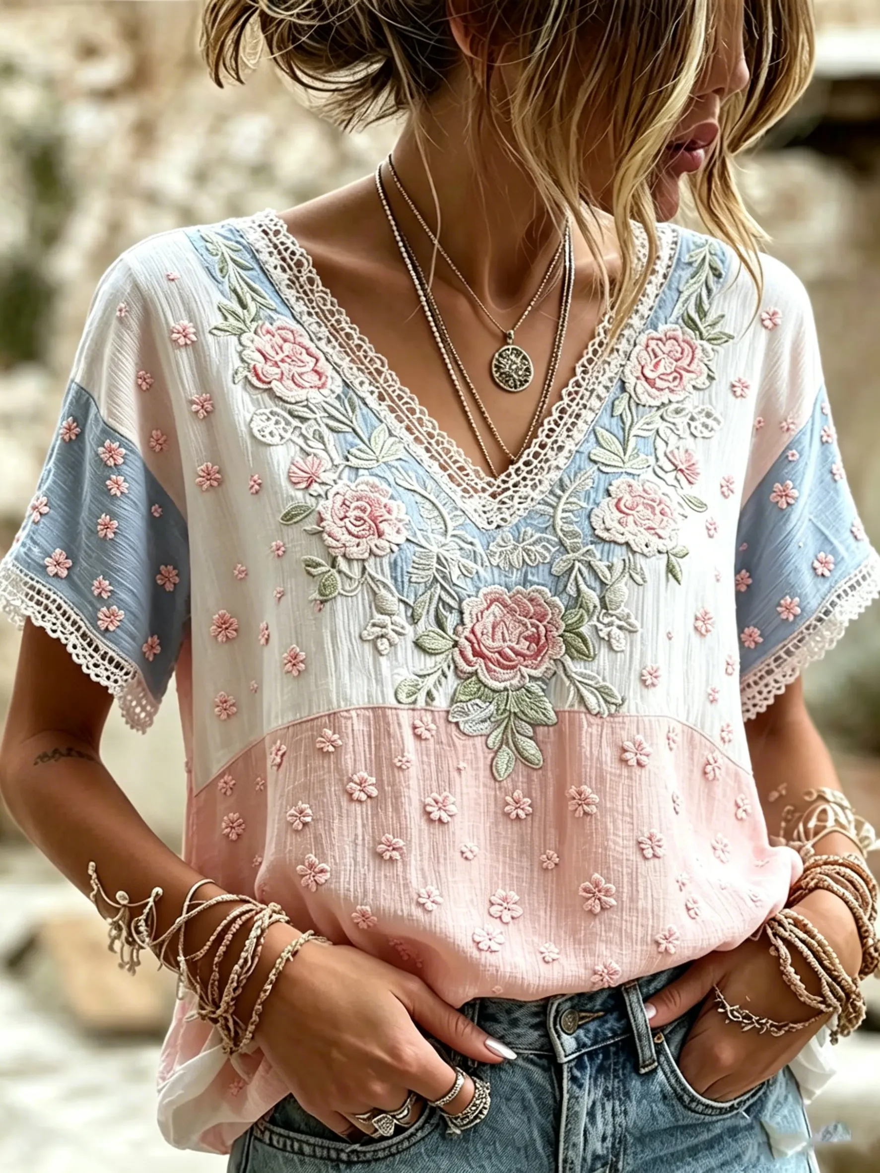 Women's Floral Patchwork Print Cotton Lace Trim V-Neck Blouse