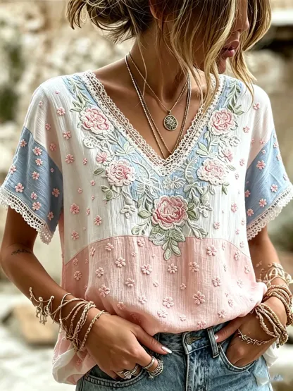 Women's Floral Patchwork Print Cotton Lace Trim V-Neck Blouse