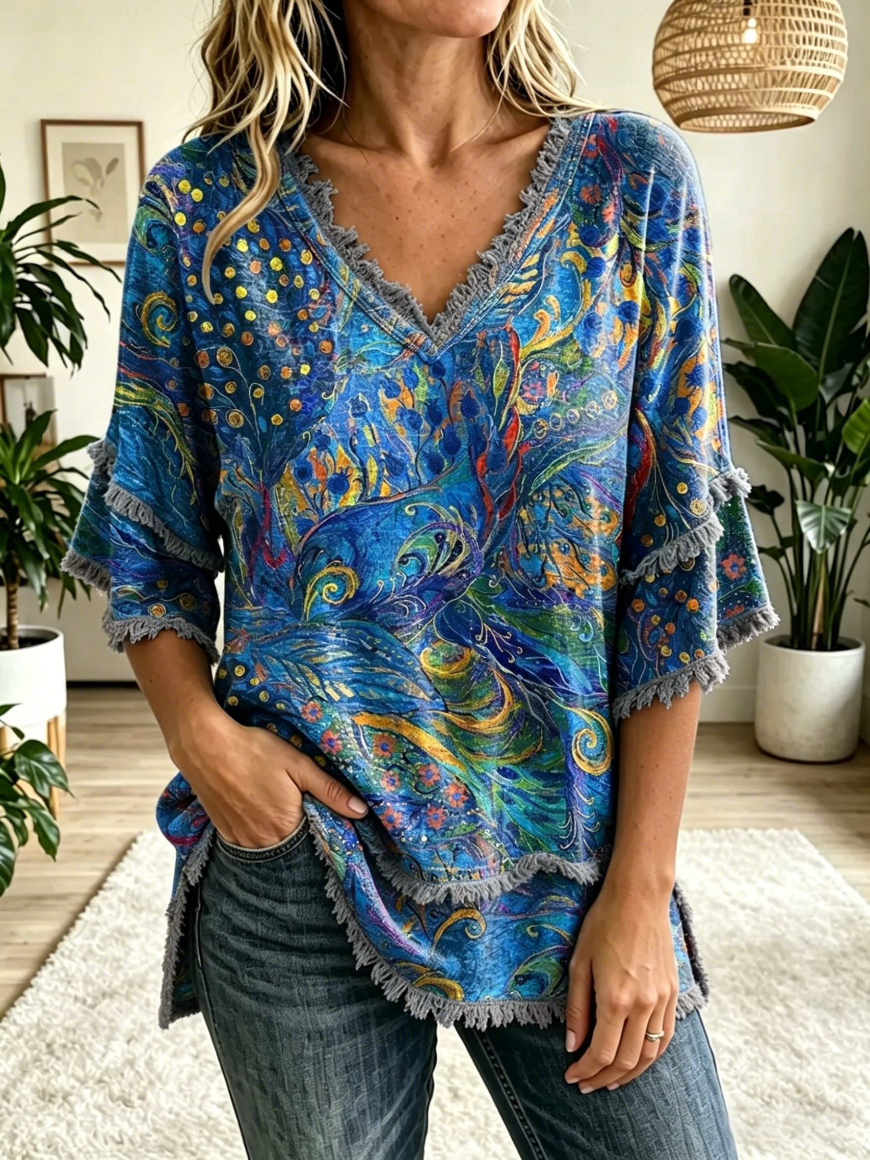 Women's Folk Floral Art Print V-Neck Tasseled Cotton Top