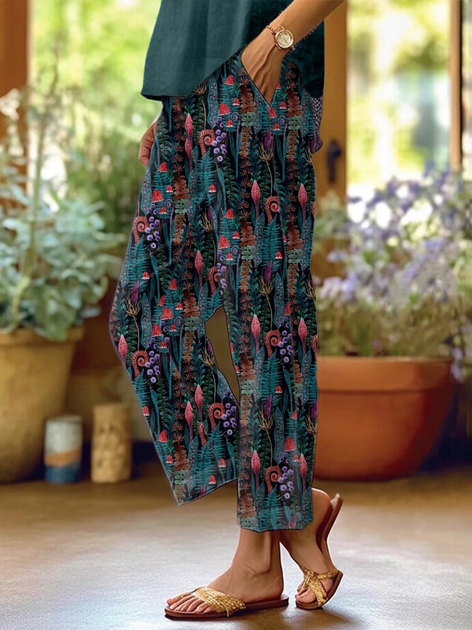 Women's Forest Floral Print Casual Pants (With Pockets)