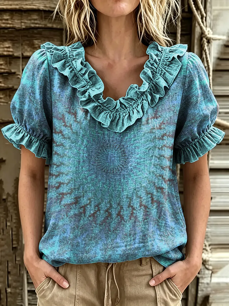 Women's Tie Dye Gradient Print Ruffle V-Neck Puff Sleeve Top