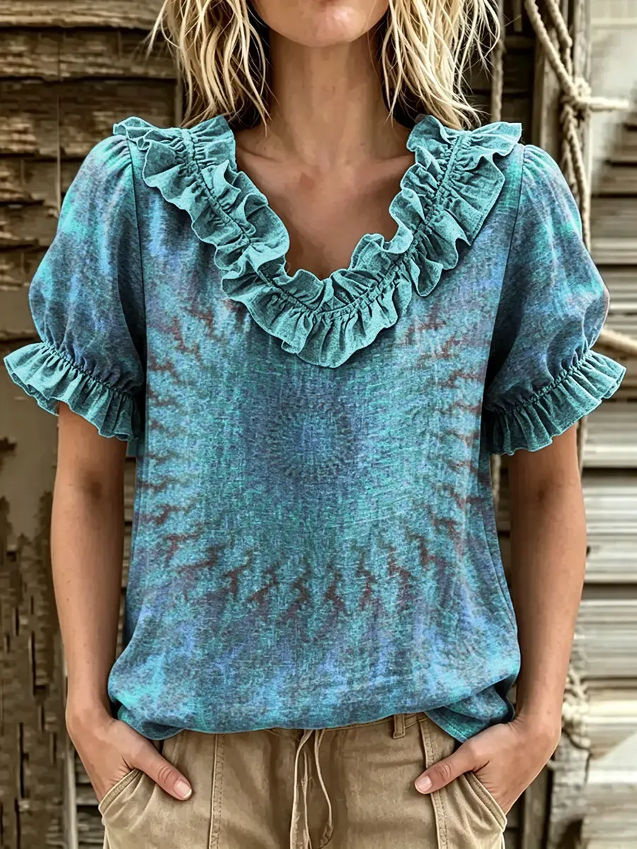 Women's Tie Dye Gradient Print Ruffle V-Neck Puff Sleeve Top
