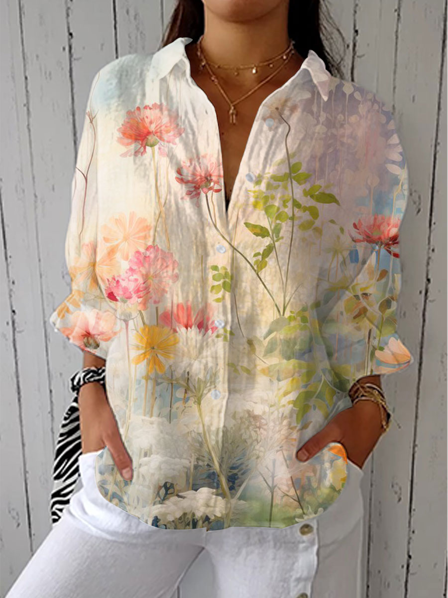 Women's Vintage Floral Art Print Casual Linen V-neck Shirt