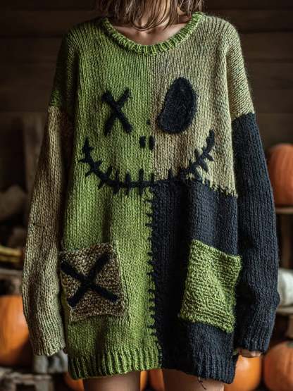 Women'S Halloween Spooky Face Contrasting Color Stitching Print Comfortable Sweater