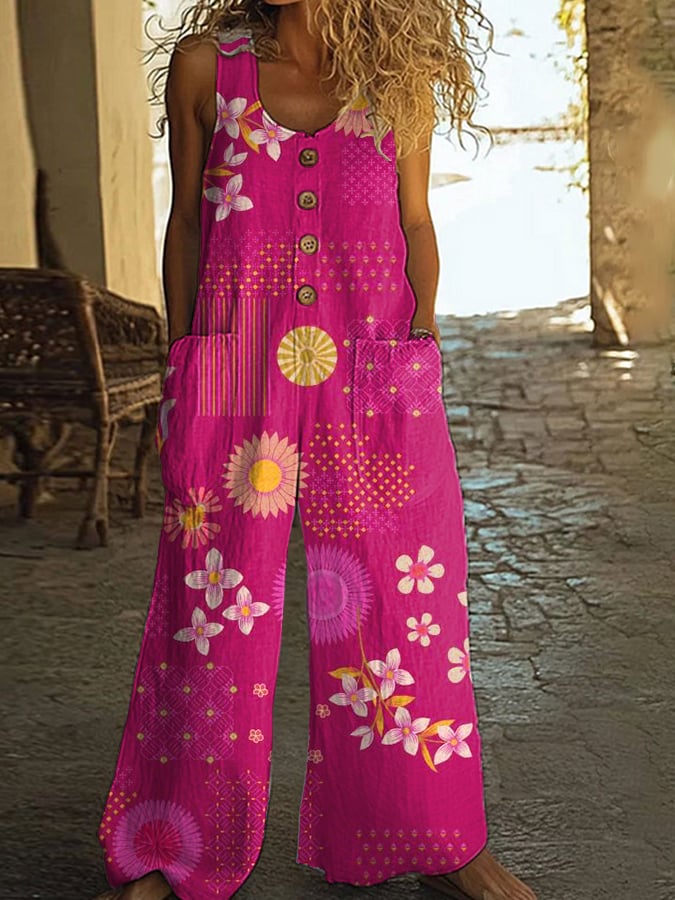 Women's Casual Retro Plant Patchwork Floral Jumpsuit