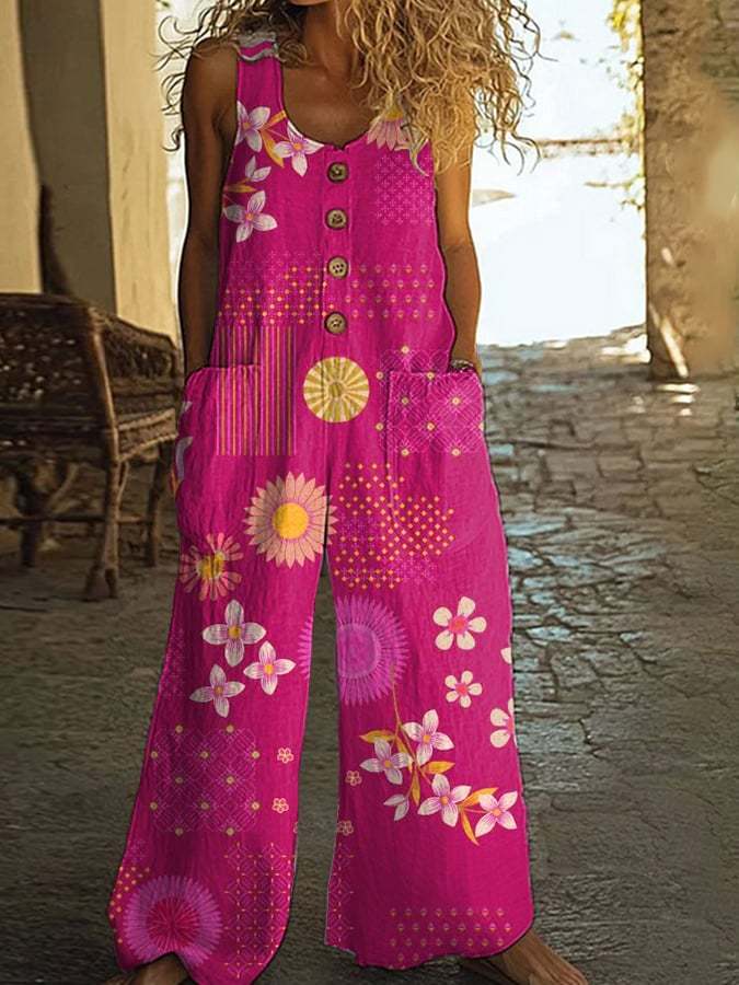 Women's Casual Retro Plant Patchwork Floral Jumpsuit
