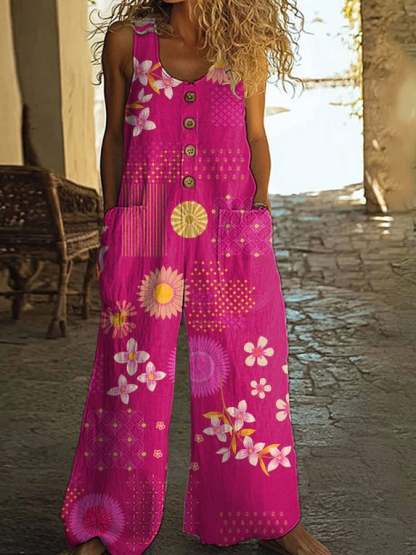 Women's Casual Retro Plant Patchwork Floral Jumpsuit